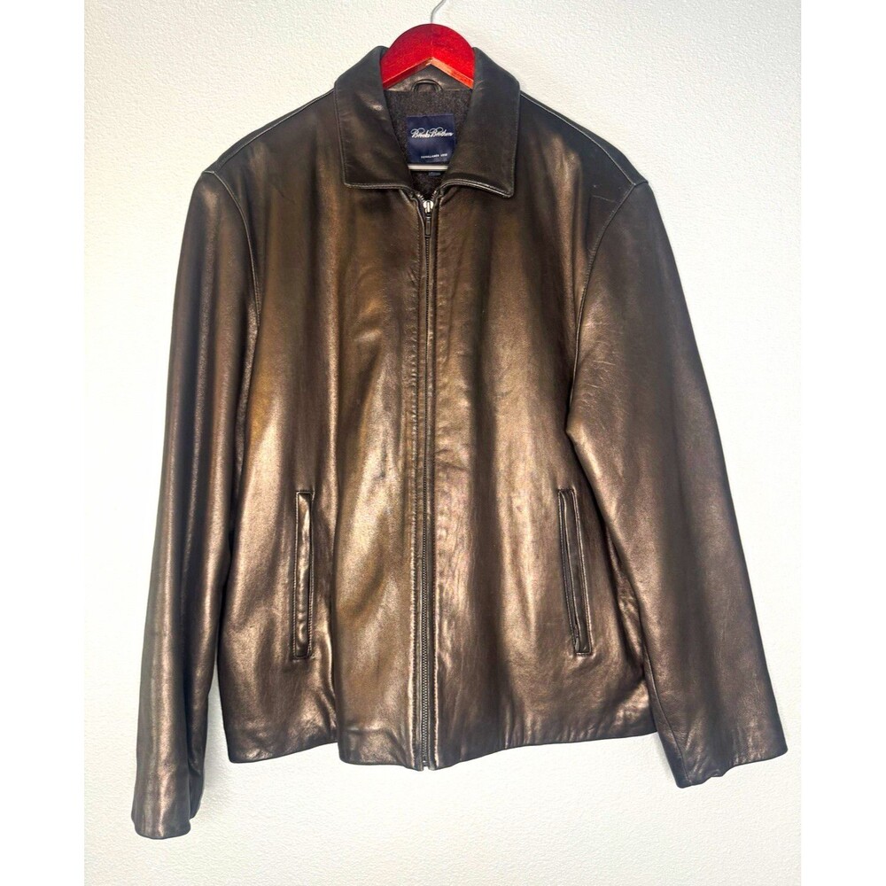 Brooks Brothers Black Genuine Leather Jacket Mens Large Wool Lined Full Zip